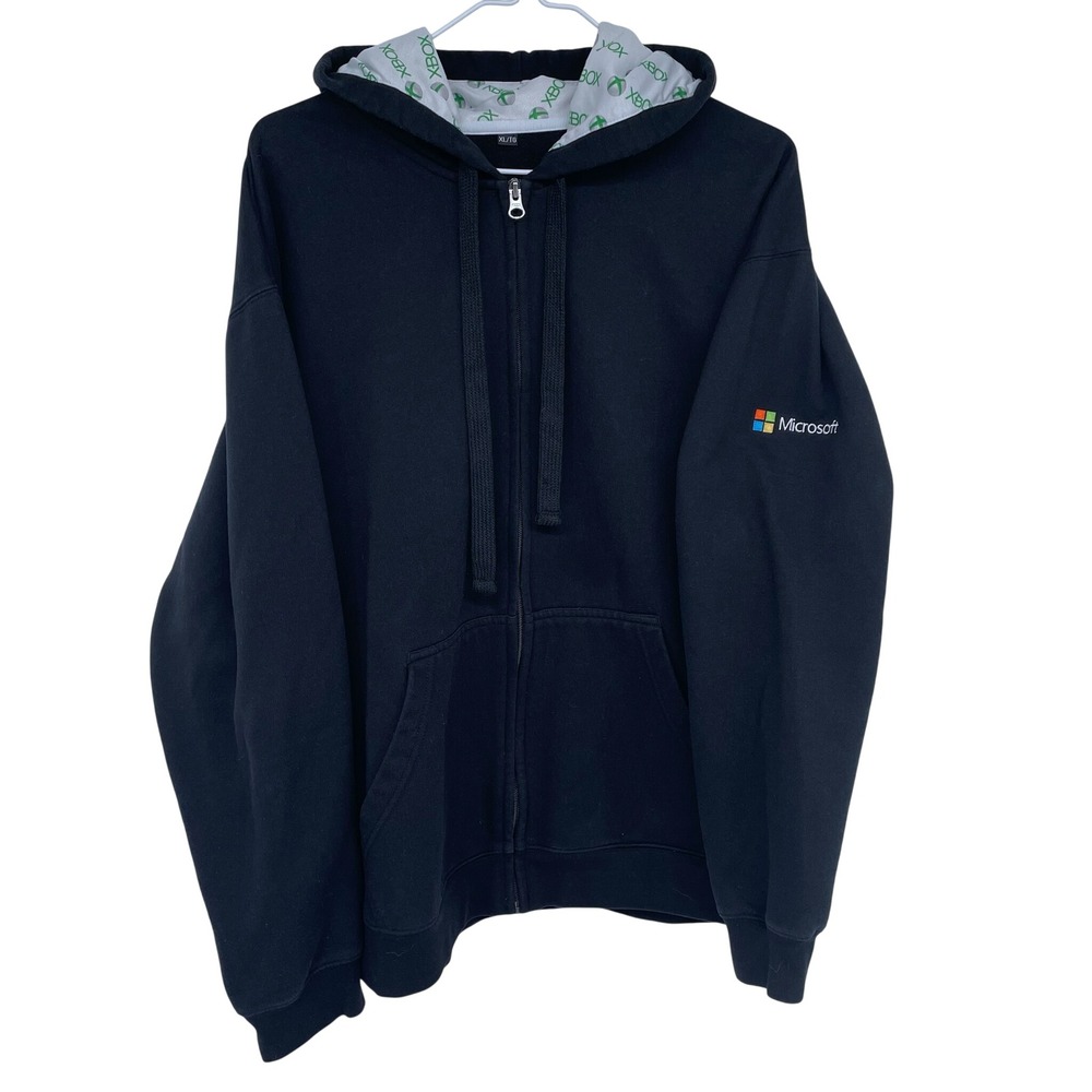 Mens Xbox Black Full Zip Hoodie XL Gaming Microsoft Logo Gamer‎ Sweatshirt